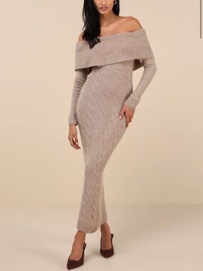 Lulu's Heather Beige Cable Knit Off-the-Shoulder Maxi Dress